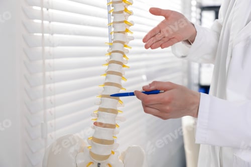 Preview: Doctor pointing at sections of human spine model in clinic, closeup