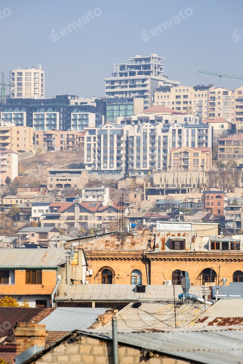 Preview: view of building in Yerevan in sunny smoggy day