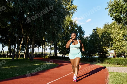 Preview: Sapphire sprint: curvy woman races on vivid red track