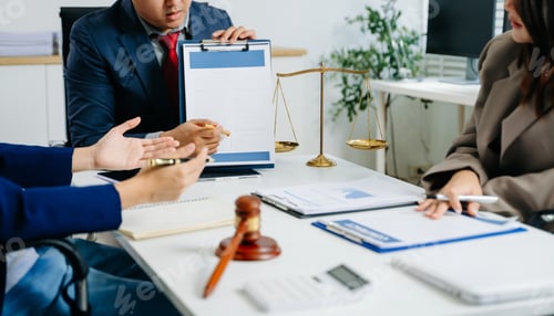 Preview: Lawyers and professionals reviewing and signing a contract with justice scale and gavel.