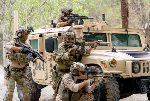 Preview: Group of militaries or soldiers stay near humvee car with one on roof and the other stay near car