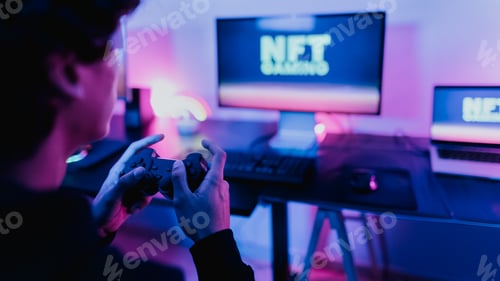 Preview: Young gamer playing on decentralized NFT gaming blockchain platform with virtual reality glasses