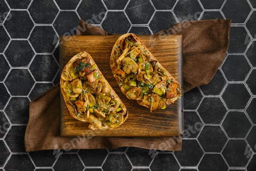 Preview: This sandwich showcases a flavorful mix of honey mushrooms, enoki mushrooms, champignon, and leeks