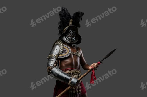 Preview: Ancient roman gladiator with spear and plumed helmet