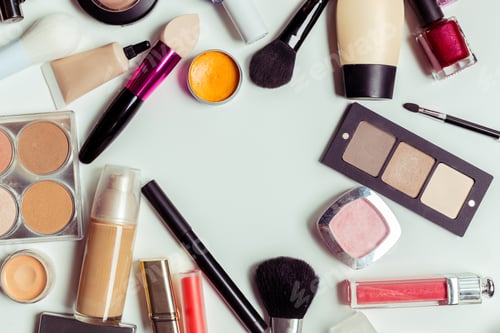 Preview: Brush and cosmetic isolated on a white background. Top view.