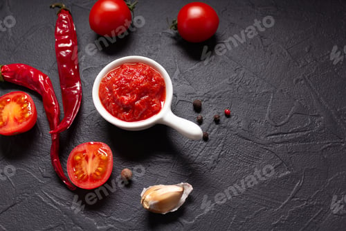 Preview: Chilly pepper and tomato sauce ingredient for homemade cooking at table