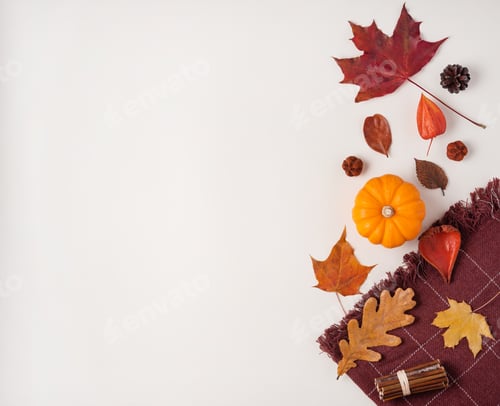 Preview: Autumn composition with pumpkins, plaid and leaves on light background.Top view, copy space