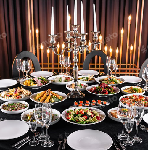 Preview: Elegant dinner table setup with gourmet dishes
