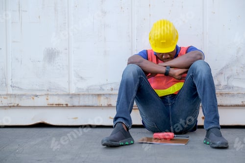 Preview: American African engineer or factory worker man sit close to cargo container