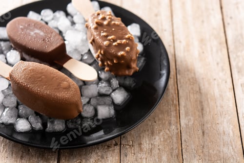 Preview: Chocolate popsicles and crushed ice on black plate