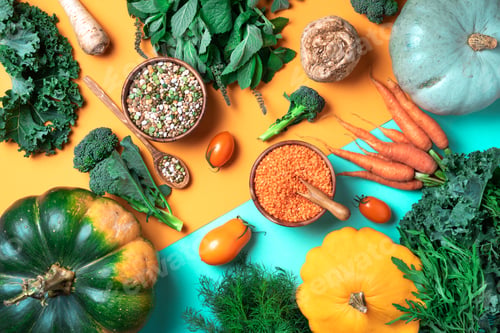 Preview: Vegan and vegetarian diet, harvest concept. Autumn vegetables, lentils, beans, raw ingredients for