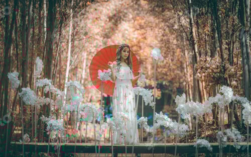 Preview: Portrait beautiful woman tourist posing happiness with smile ,she wearing a nice dress to travel in