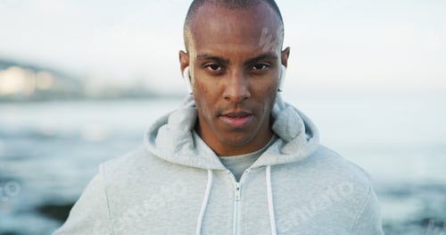 Preview: Fitness, black man and portrait on beach for exercise, wellness and endurance training. Athlete, ru