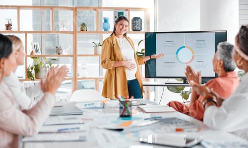 Preview: Presentation, pregnant woman or applause in business meeting for company growth, strategy or teamwo