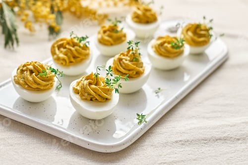 Preview: Stuffed easter eggs mimosa with egg yolk, turmeric, cream cheese and cress salad.