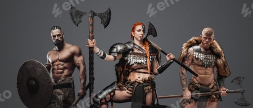 Preview: Redhead female viking with two comrades against grey background