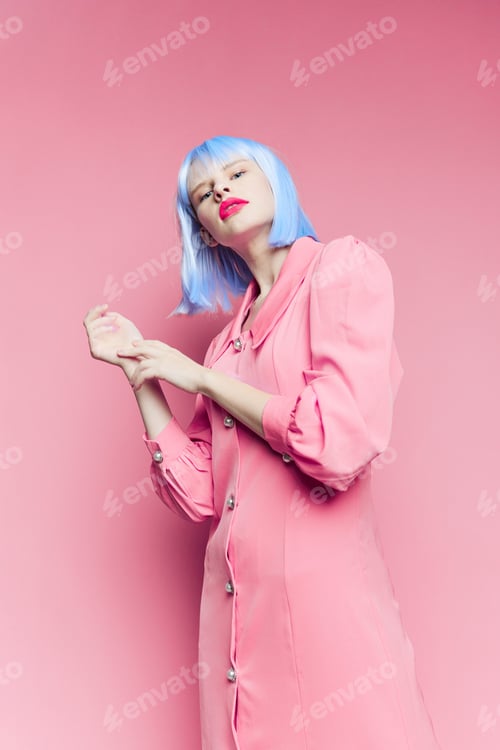 Preview: fashionable woman wears a blue wig makeup isolated background