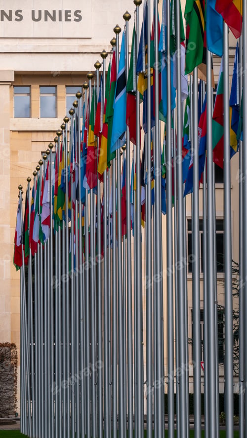 Preview: The United Nations Member States' flags raised at the Palace of Nations, Switzerland. Vertical shot