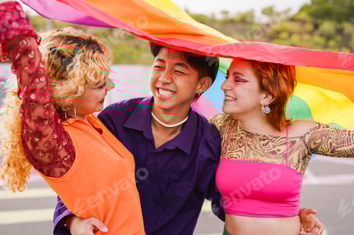 Preview: Young diverse people having fun at LGBT gay pride parade