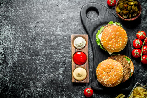 Preview: Burgers with fries,tomatoes and jalapenos in bowl .