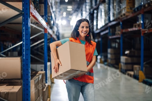 Preview: Female warehouse worker carrying cardboard box and smiling at logistics center