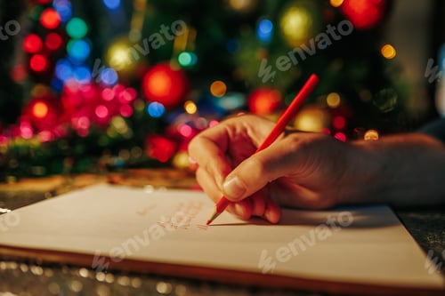 Preview: christmas Blurred background gift wrapping and tinsel unrecognizable human writing han