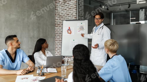 Preview: Multiracial team of doctors having morning breefing at clinic