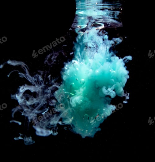 Preview: Abstract concept of teal color ink drop plume in water on an isolated black background
