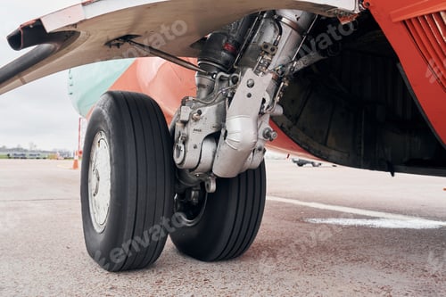 Preview: Close up view of wheels. Turboprop aircraft parked on the runway at daytime