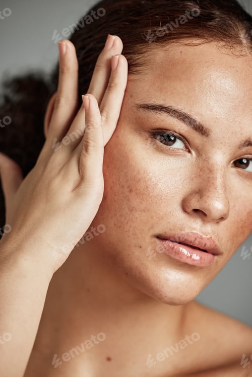 Preview: Skin, beauty and black woman portrait with skincare glow from spa treatment and makeup. Model, hand