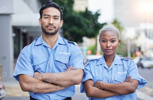 Preview: Woman, man and security guard portrait in street, arms crossed or serious with support, safety or t