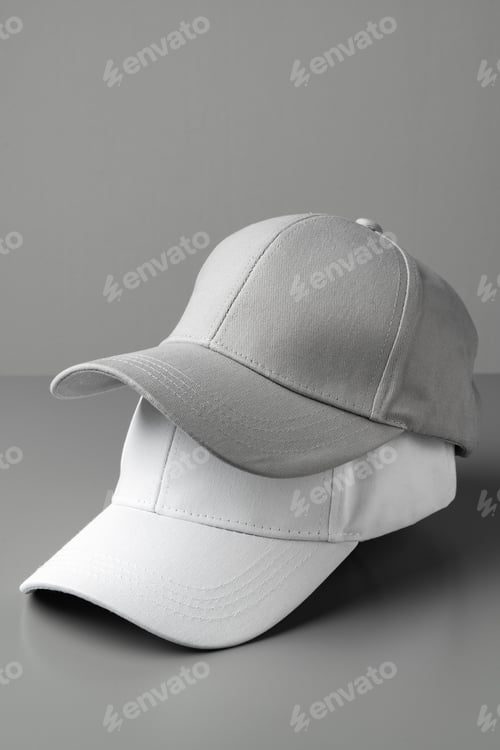 Preview: Two White Baseball Caps on a White Background