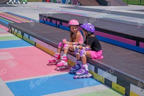Preview: Children wearing roller skates relax on stunt ramp of skate park after roller skating