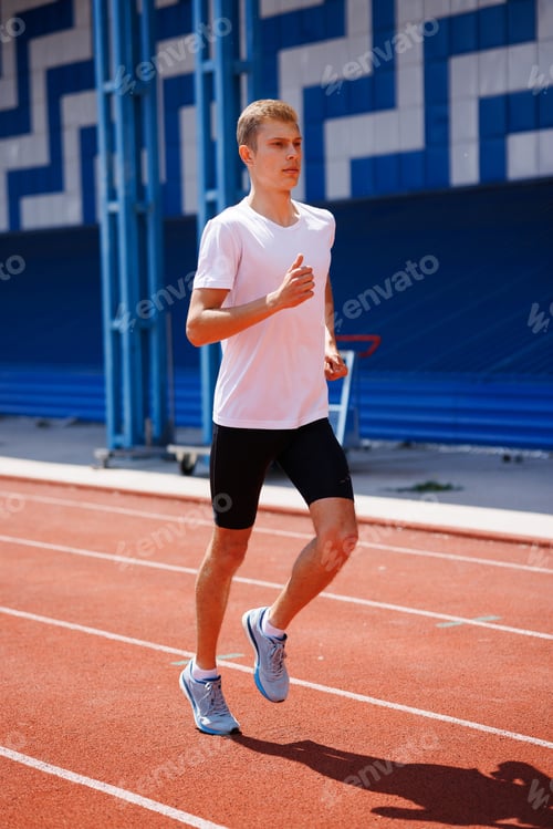 Preview: Young male athlete sprinting on a red running track, wearing sportswear, training outdoors