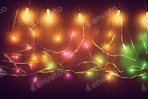 Preview: Mockup rustic wood table in front of glitter colorful bright bokeh lights of christmas ornaments and