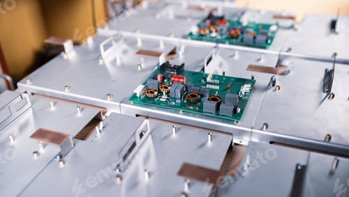 Preview: Microcircuits and components lie on metal plates
