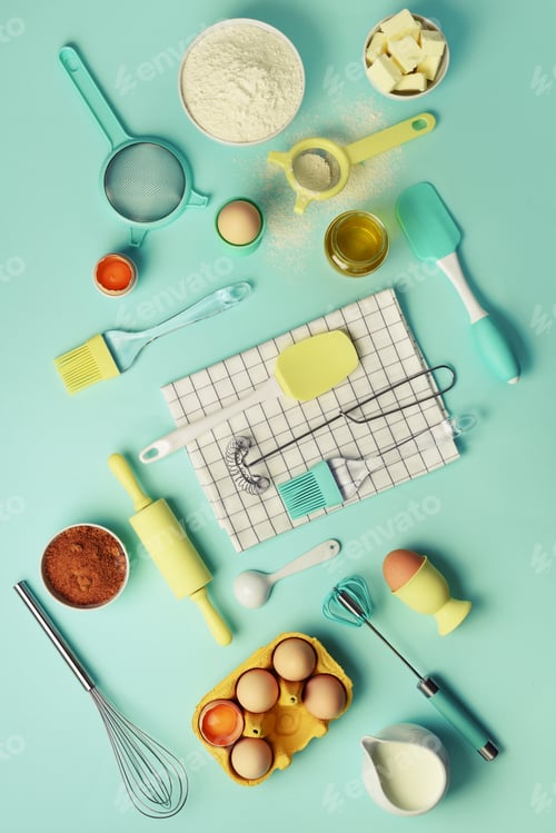 Preview: Square crop. Baking ingredients - butter, sugar, flour, eggs, oil, spoon, rolling pin, brush, whisk