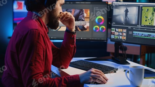 Preview: Videographer operating computer editing systems and equipment
