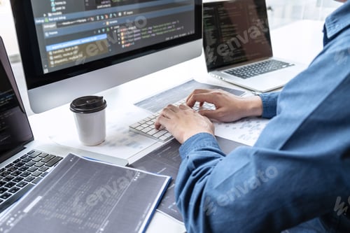 Preview: Developer programmer working on project in software development computer in IT company office
