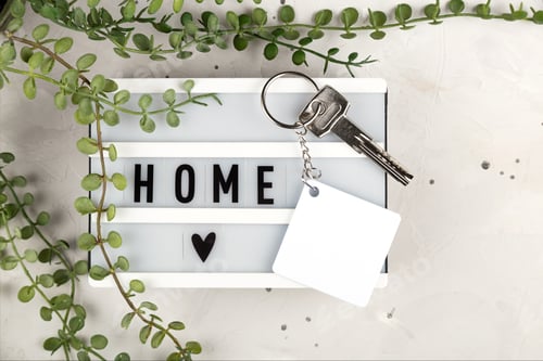 Preview: Blank rhombus white sublimation keychain mockup on board with home inscription. Key chain mockup