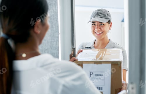 Preview: Shot of an attractive young woman standing and delivering a box to a customer at their home
