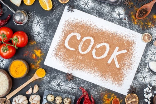 Preview: top view cook writing with eggs vegetables raw pasta and seasonings on the dark background dough