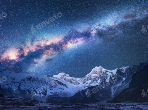 Preview: Space. Night landscapw with Milky Way and mountains