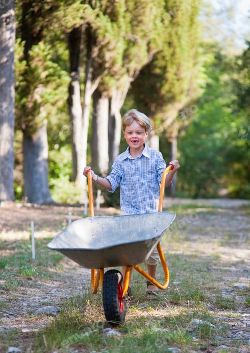 Preview: Boy pushing wheelbarrow outdoors