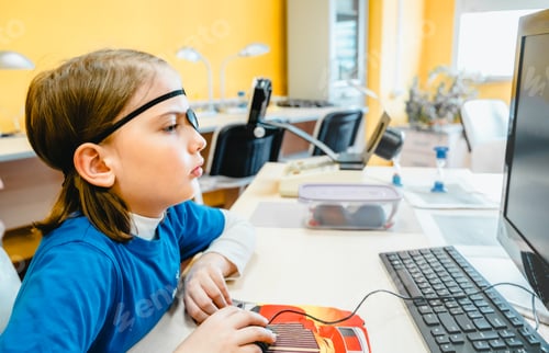 Preview: Little girl in medical office undergoing advanced laser vision treatment, correction for eyes