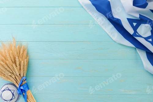 Preview: Shavuot jewish background. Ripe bouquet of wheat with blue ribbon with Israel flag and backgrounds.