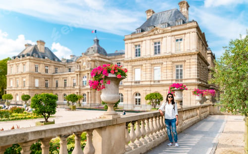 Preview: Asian women visiting Le Jardin Luxembourg park in Paris during summer in the city of Paris France