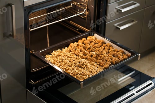 Preview: Roasted baked walnuts close up on a baking sheet