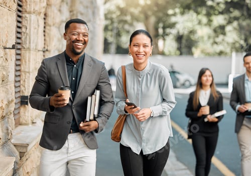Preview: Shot of two lawyers walking to work while having a conversation