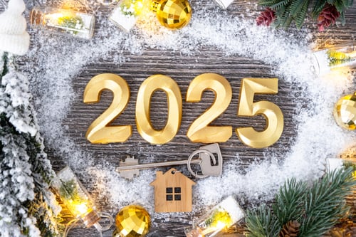 Preview: New Year 2025 golden numbers and House key with tiny form of home on festive grey